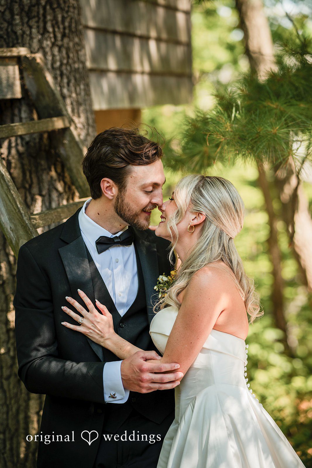 Trey + Bailey Close-up woodland wedding portrait of the newlyweds.