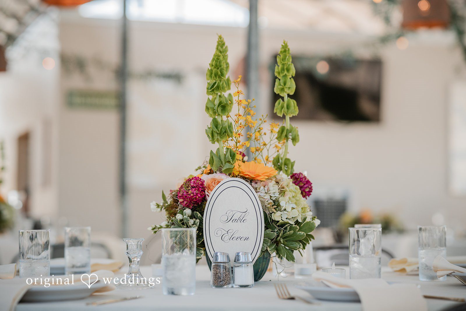 Trey + Bailey Elegant wedding table arrangement prepared for guests at Blake's Backyard.
