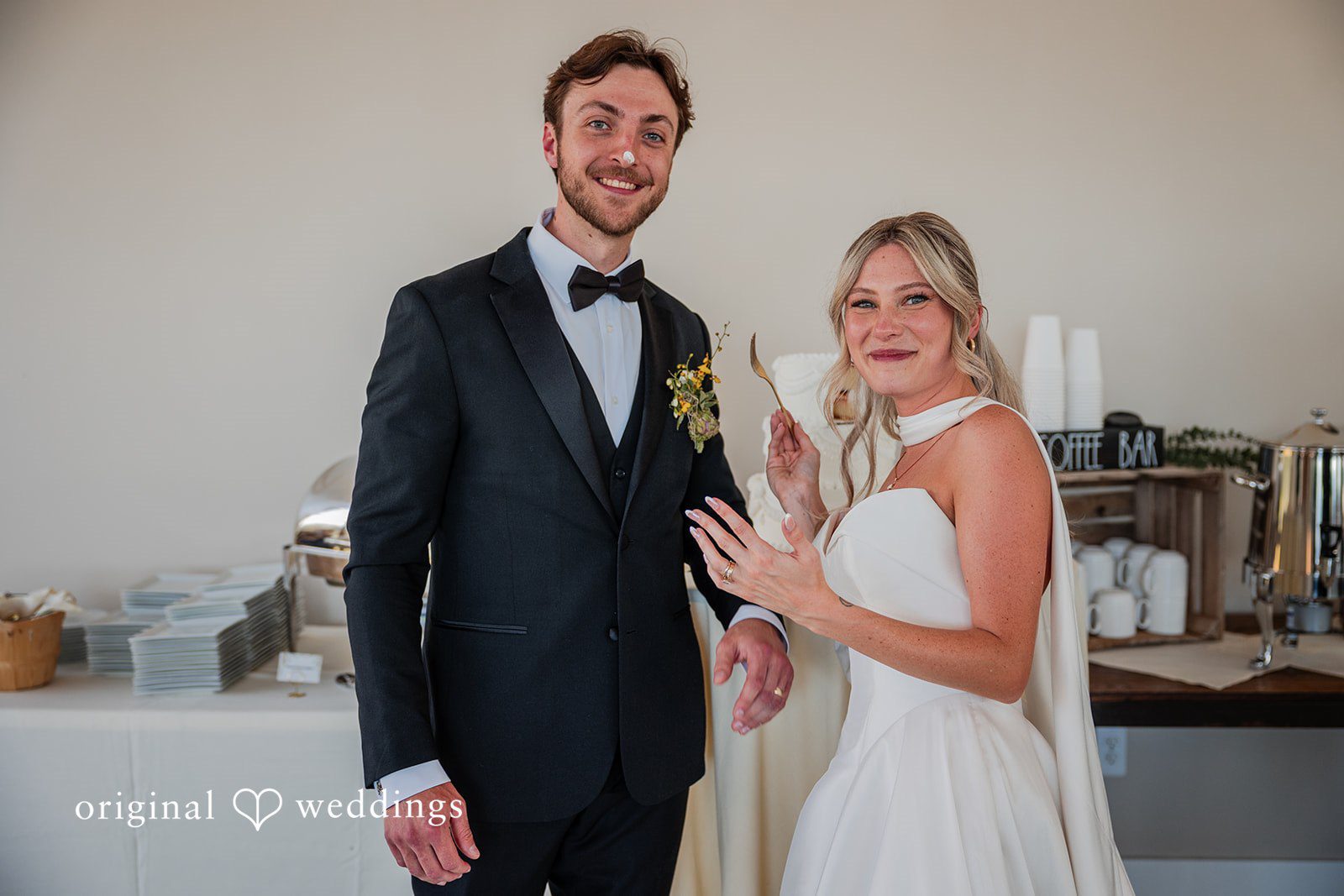 Trey + Bailey Happy newlyweds sharing smiles during their wedding reception at Blake’s Backyard
