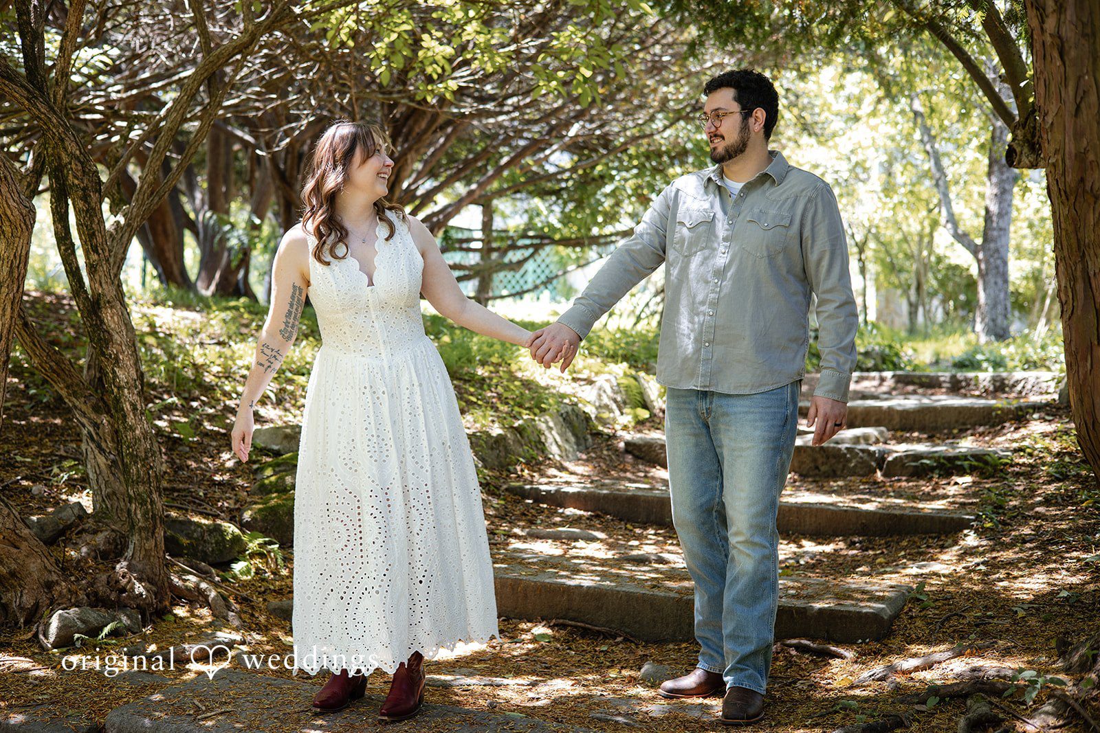 Couple looking at each other while holding hands  at Borderland State Park