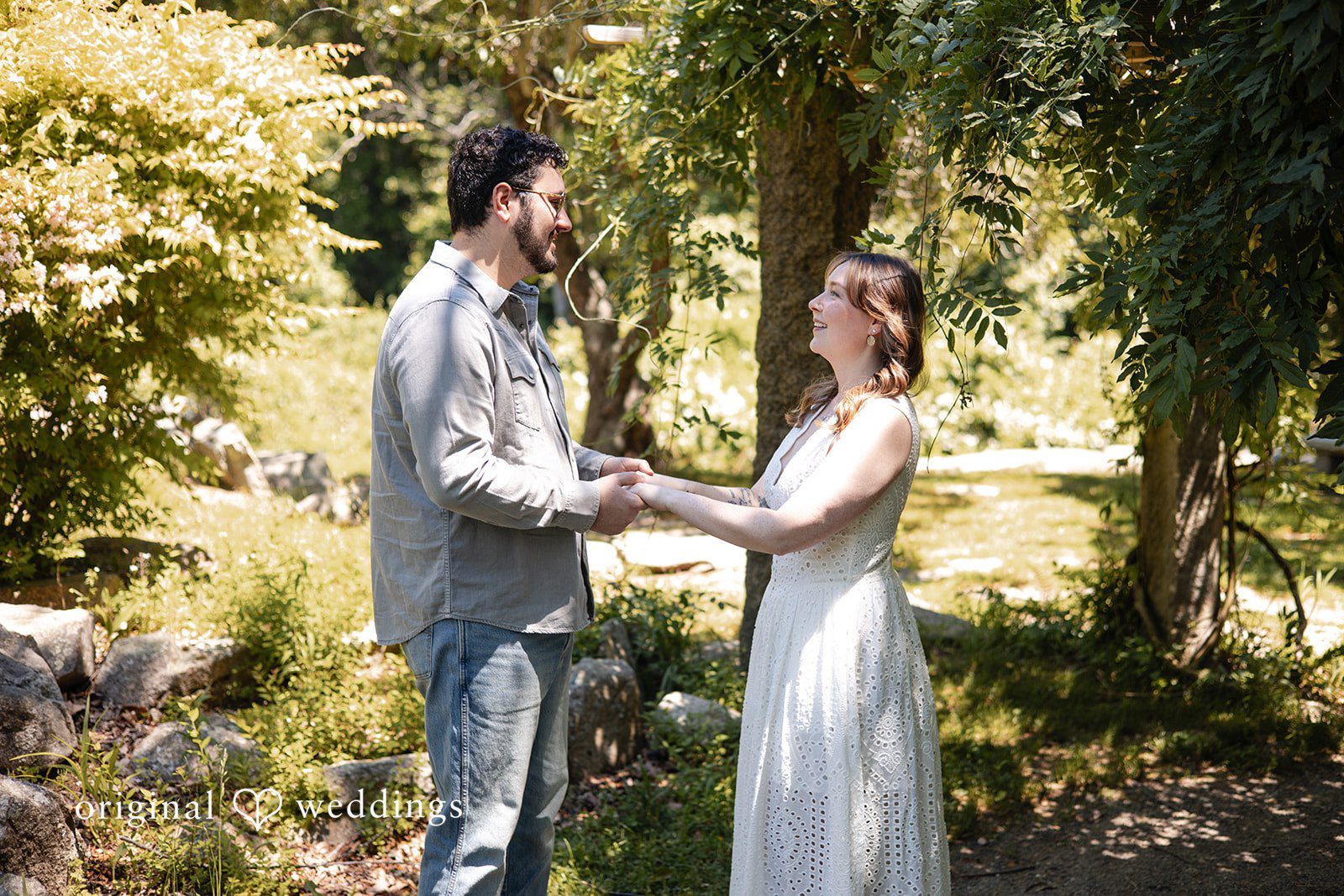Couple sharing eye contact while holding hands at Borderland State Park