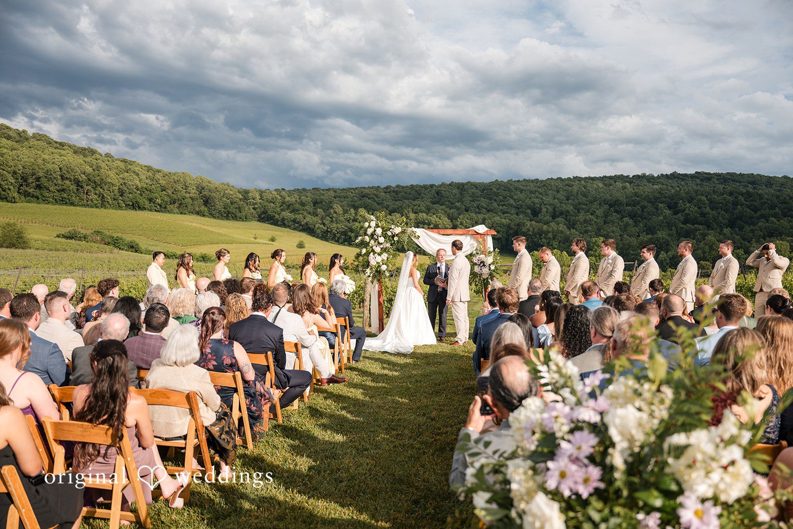 Brett + Ava Wide shot of wedding ceremony at Breaux Vineyards