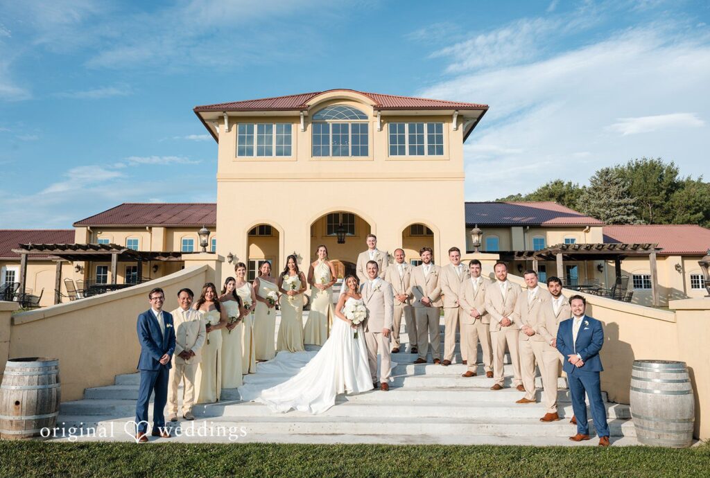 Brett + Ava Group shot of couple with guests at Breaux Vineyards captured by DC wedding photographers from Original Weddings