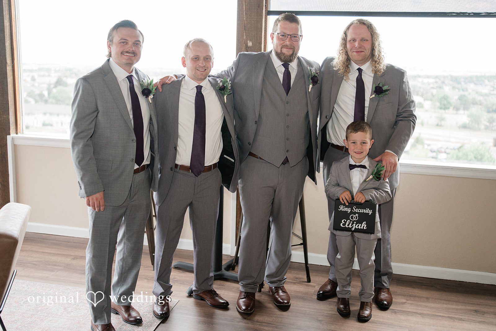 Carolina + Jonah Groom posing with his groomsmen at Brittany Hill - Wedgewood Weddings