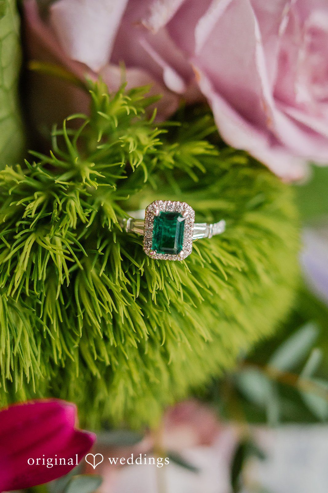 Jacob + Jadee Elegant bridal ring detail photographed with floral accents at Callaway Gardens Ida Memorial Chapel