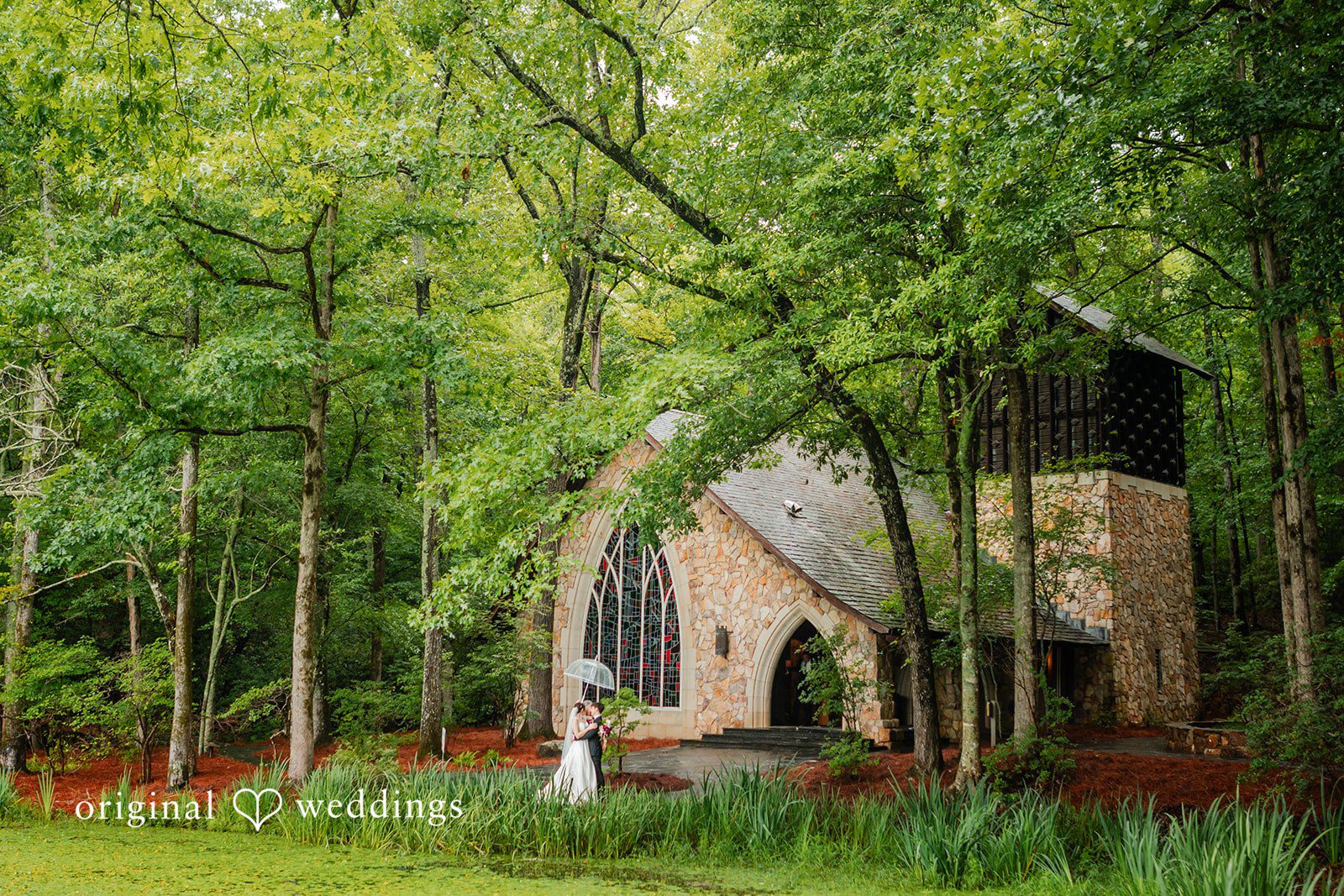 Jacob + Jadee Bride and groom outside Callaway Gardens Ida Memorial Chapel captured by Atlanta Wedding Photographers from Original Weddings.
