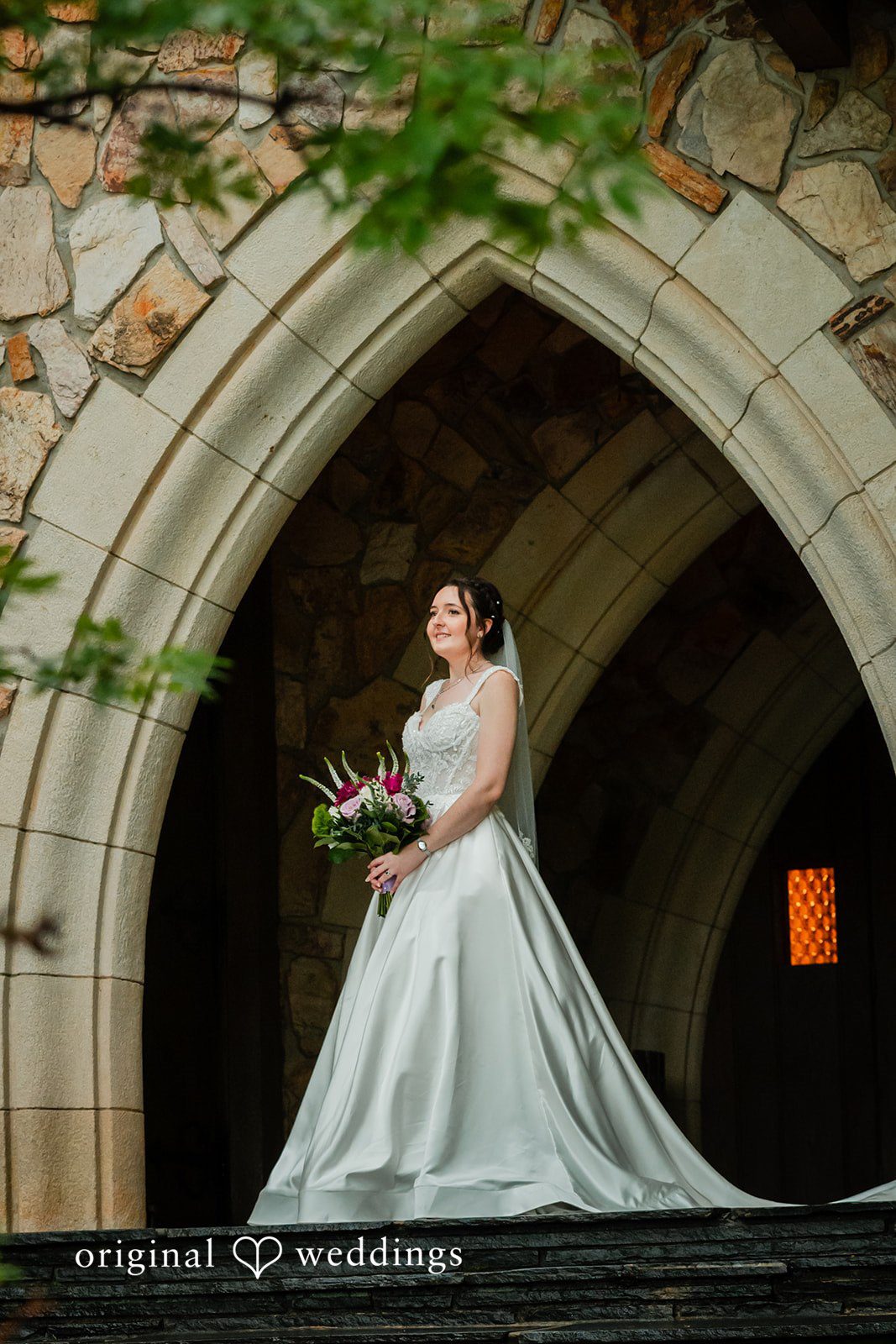 Jacob + Jadee Bride posing outside Callaway Gardens Ida Memorial Chapel captured by Atlanta Wedding Photographers from Original Weddings