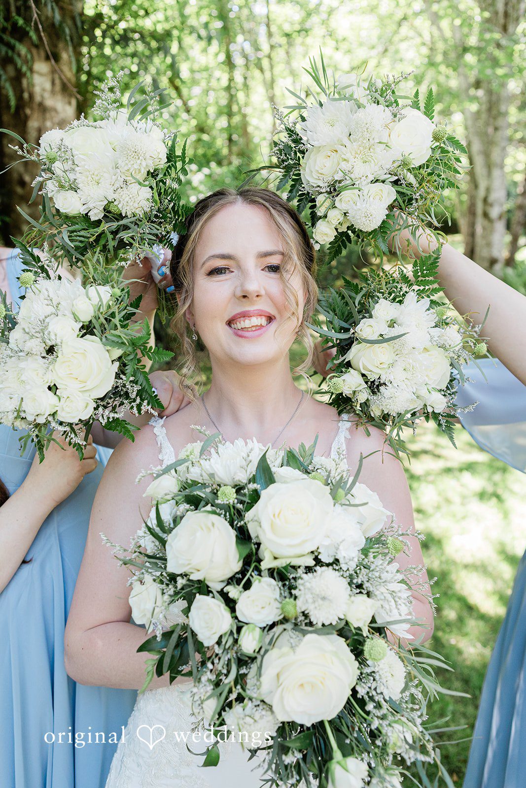 Jennifer + Steven Bride smiling with bridesmaids holding bouquets at cedar springs