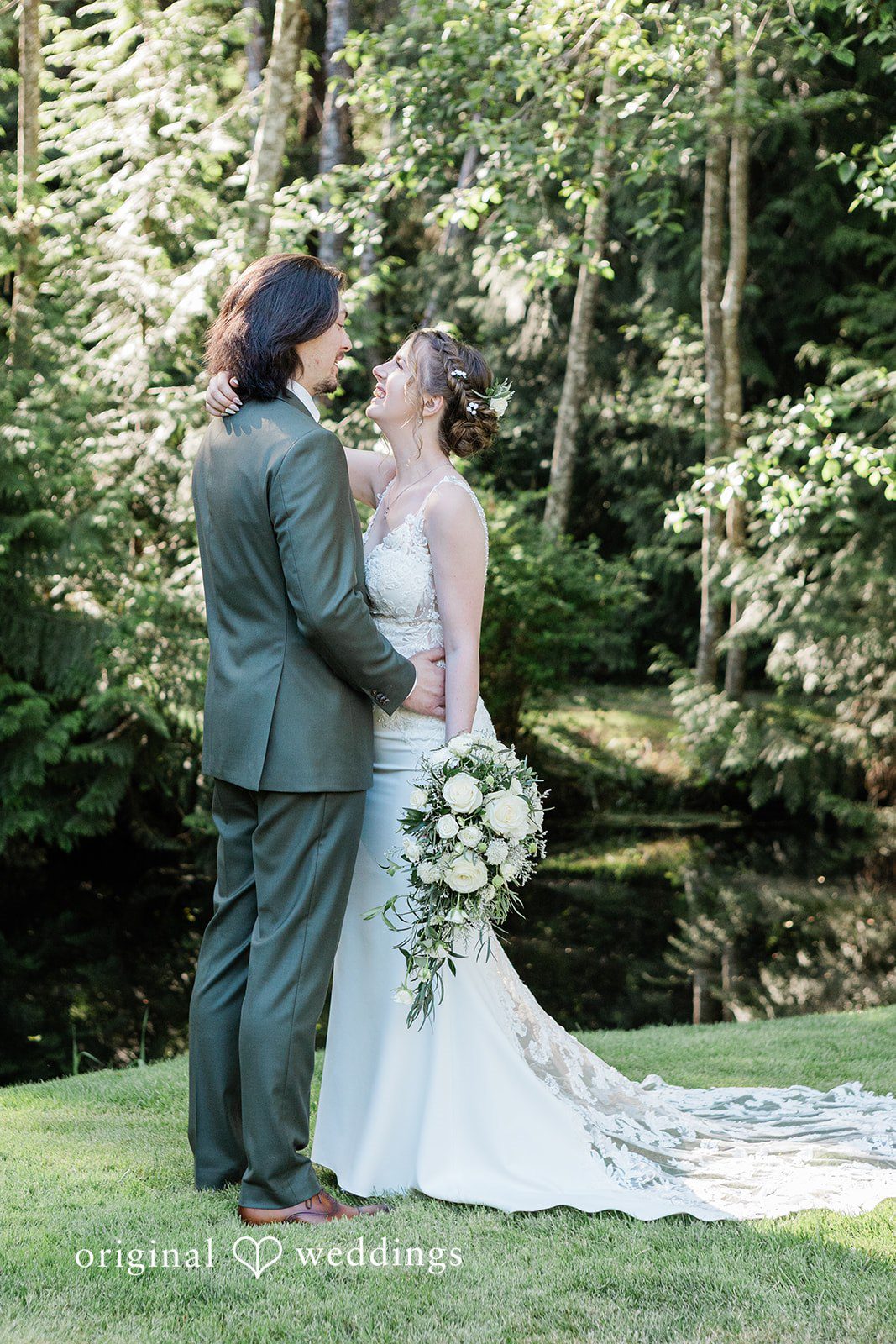 Jennifer + Steven Bride and groom smiling at each other at cedar springs