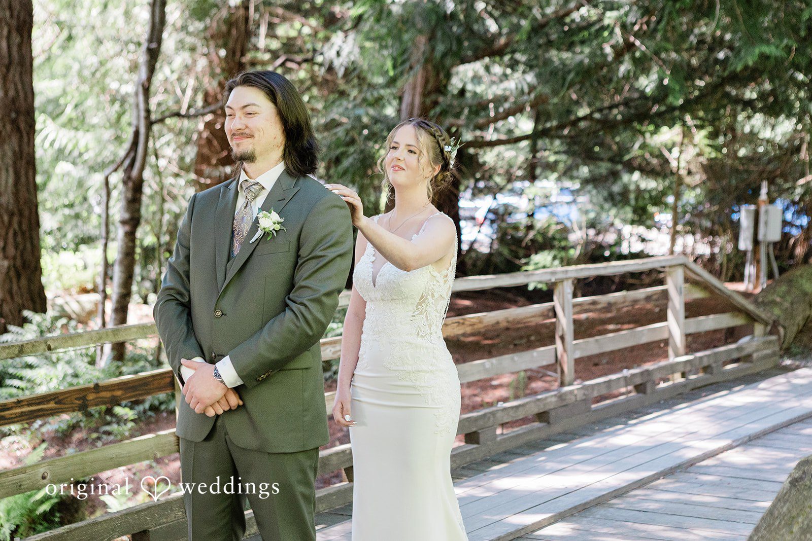 Jennifer + Steven Bride standing behind the groom with her hand on his shoulder at cedar springs