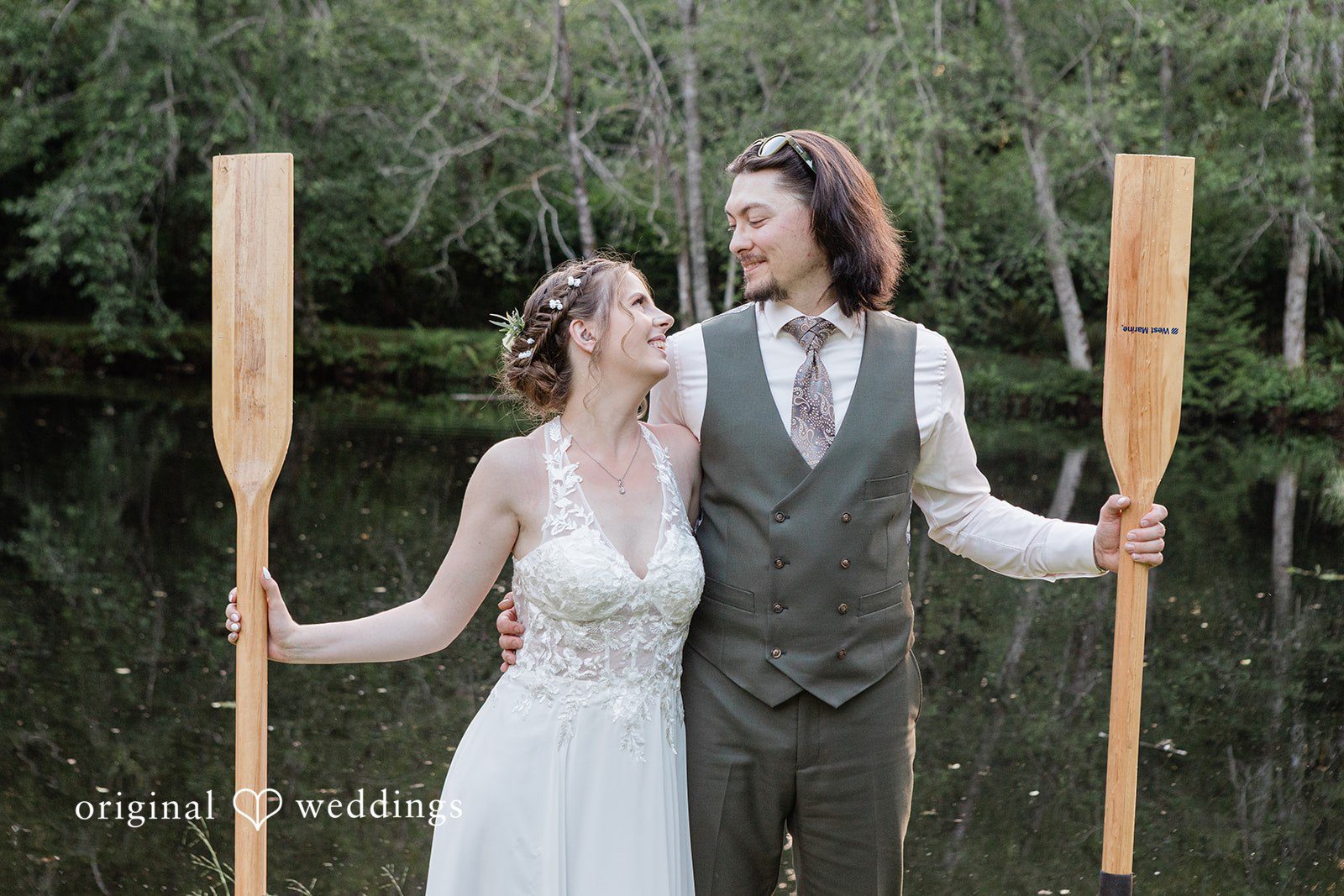 Jennifer + Steven Couple looking at each other with smiles at cedar springs