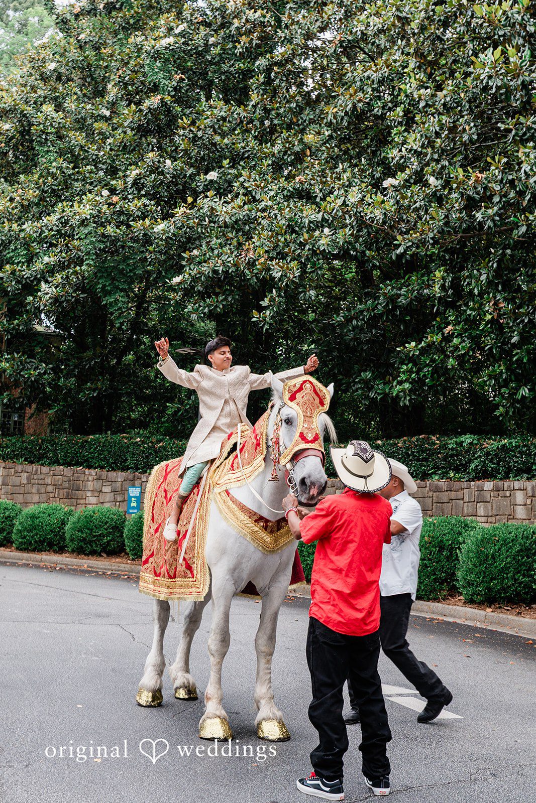 Sonya + Akshaya A groom in traditional attire riding a decorated white horse during a wedding procession.