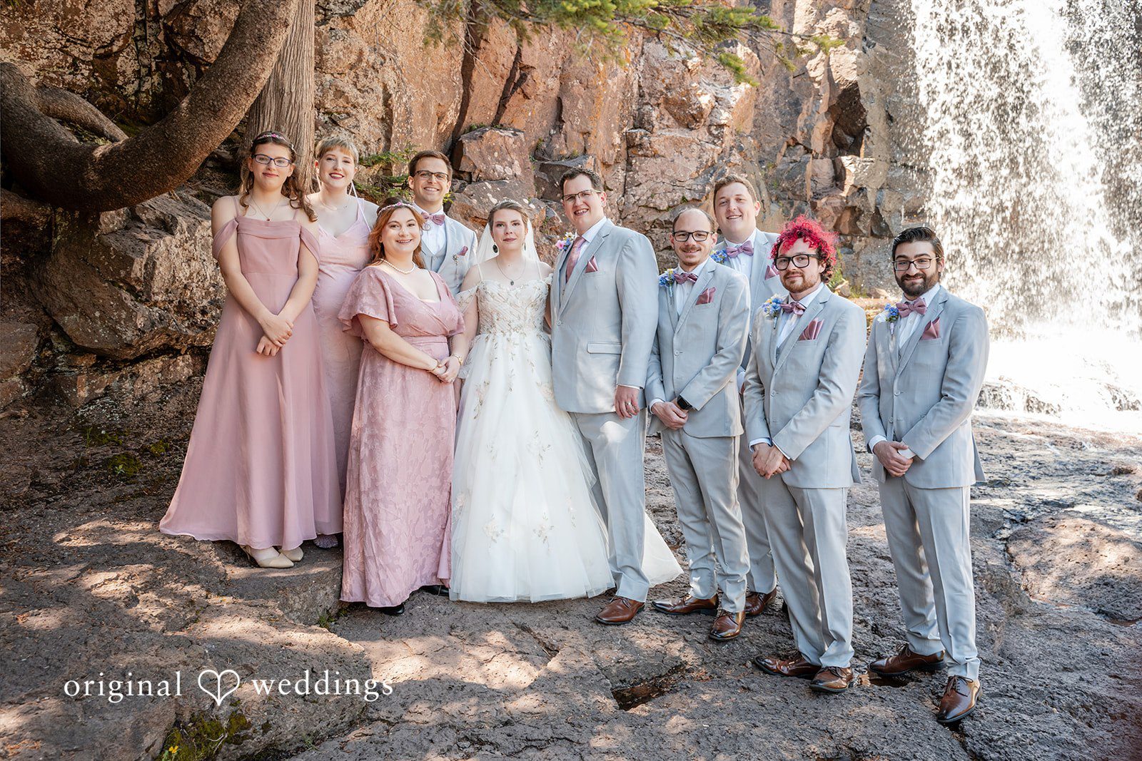 Nina + Steven Beautiful picture of couple with bridesmaids and groomsmen