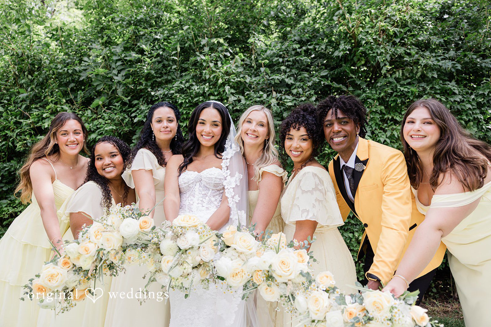 Bride smiling with her bridesmaids at Chicago Backyard