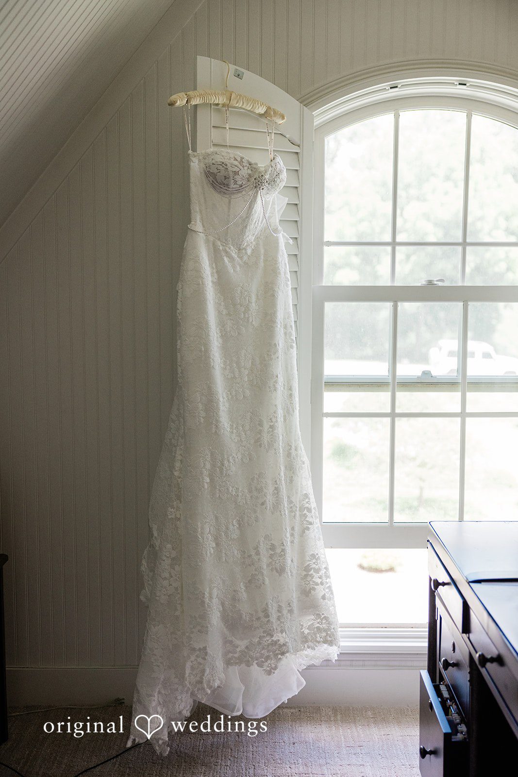Wedding gown displayed before the bride gets ready at Chicago Backyard