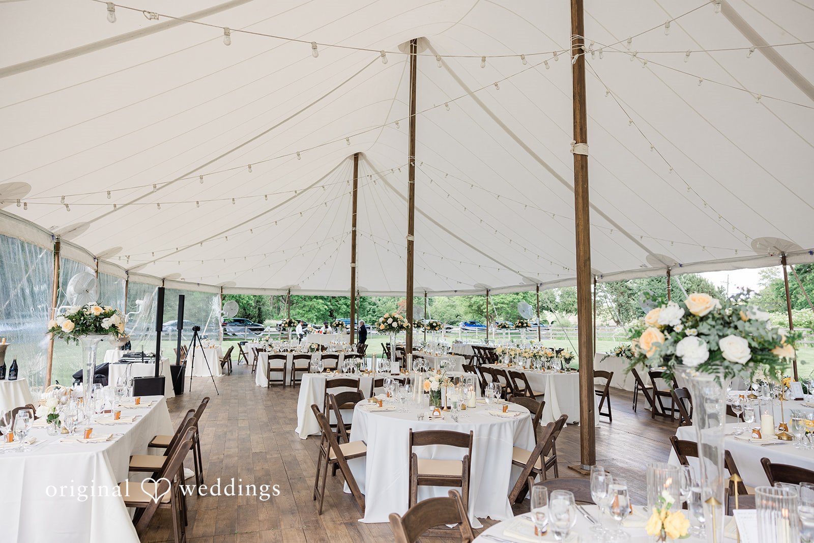 Close-up of the reception table with elegant table settings at Chicago Backyard