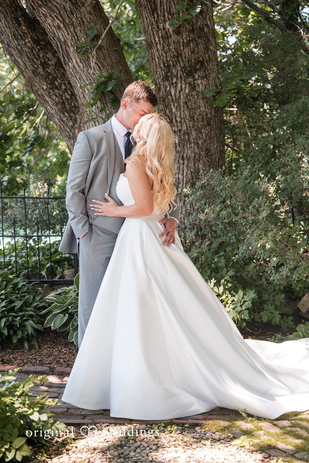 Cassandra + Adam Groom kissing the bride on the forehead in front of a leafy green tree.