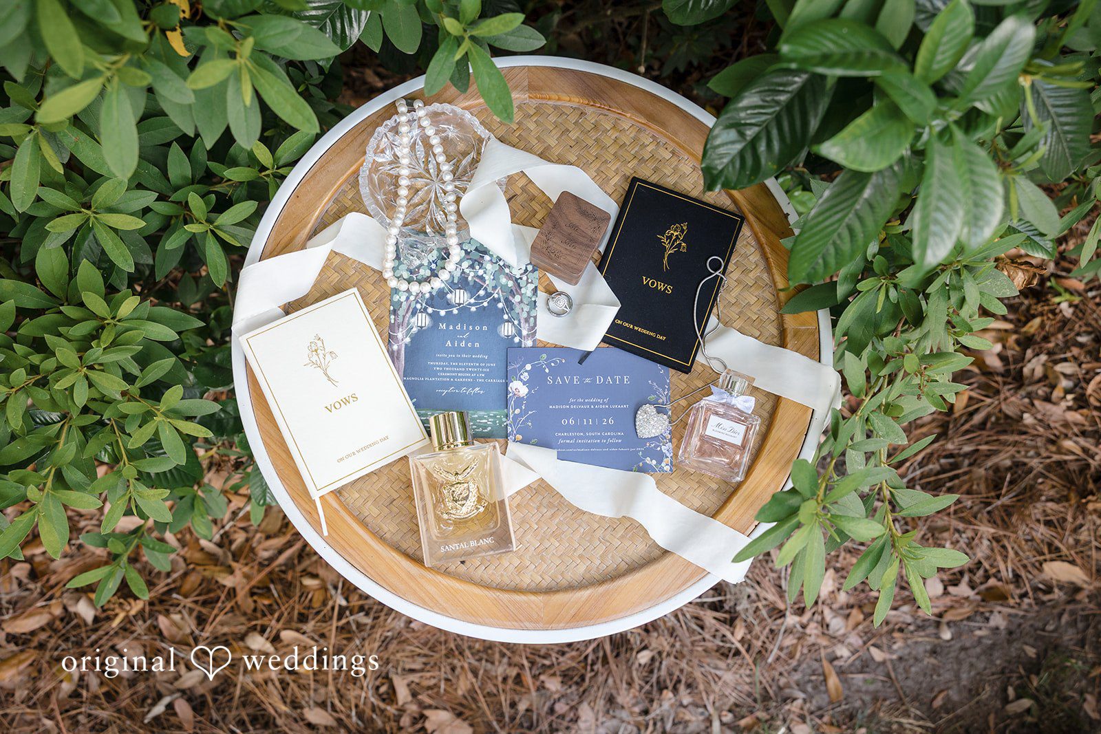 Madison + Aiden Wedding invitation suite and bridal accessories at Magnolia Plantation and Gardens