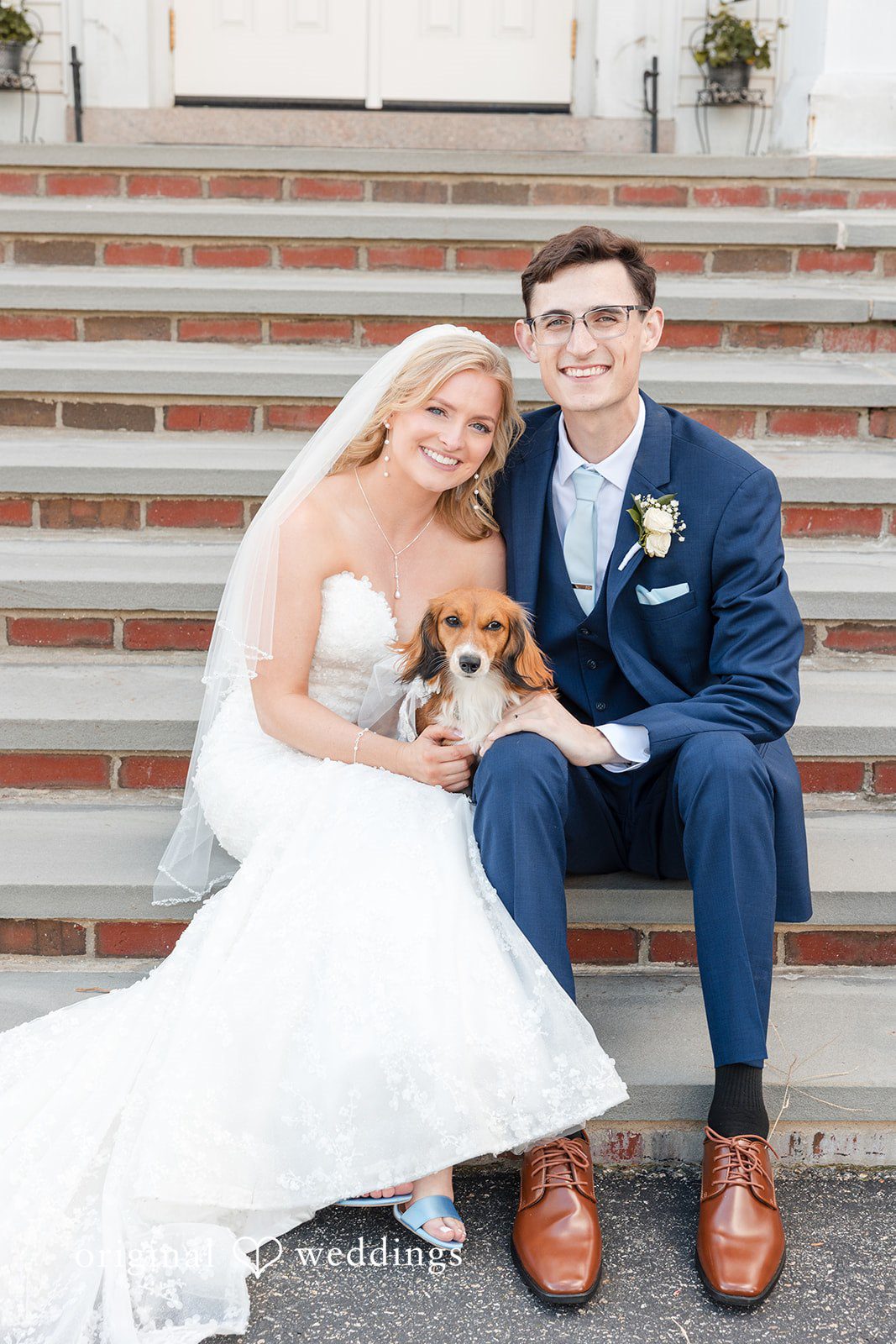 John + Emma Bride and groom sitting on steps with a small dog.