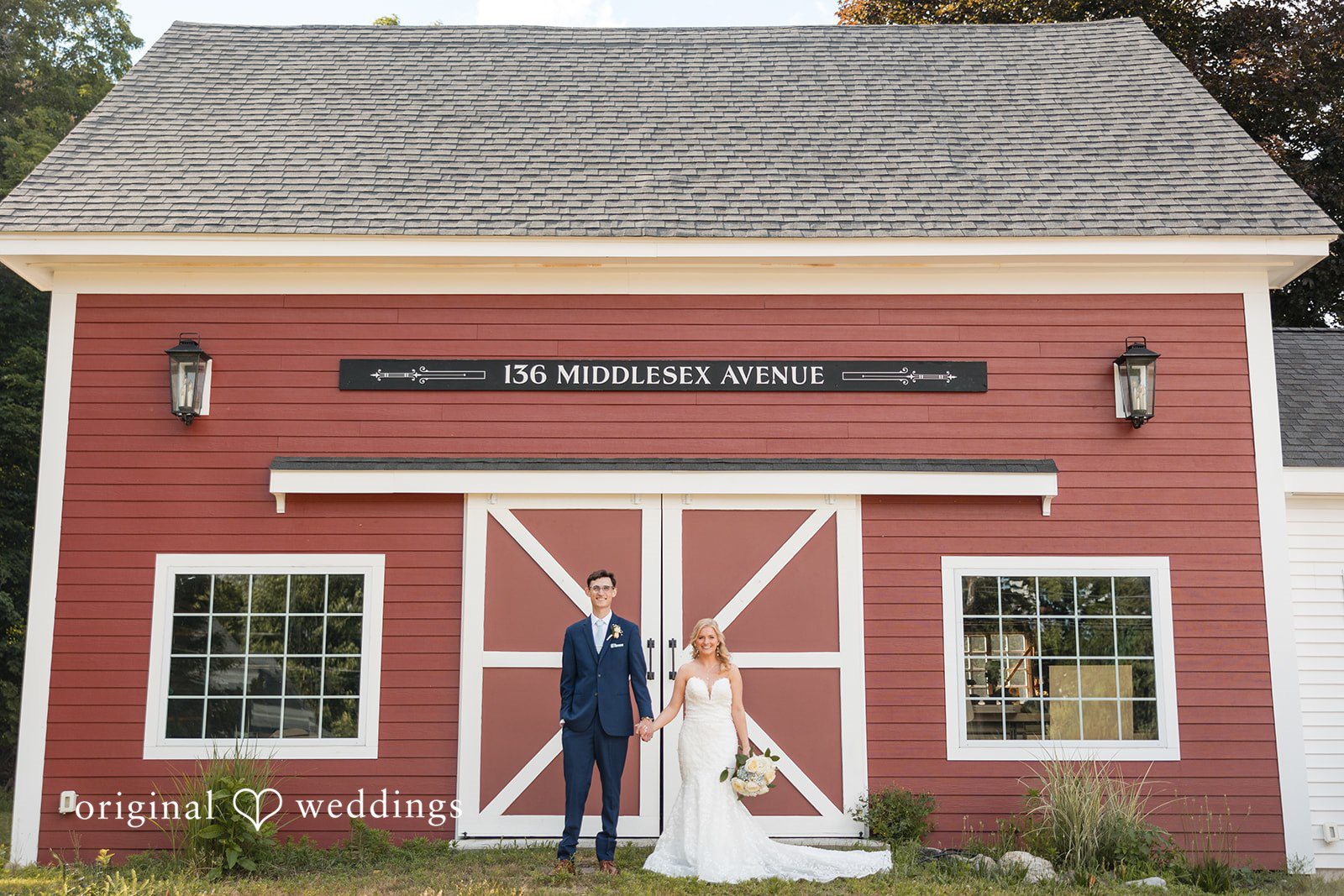 John + Emma Bride and groom standing together at Massachusetts Backyard Wedding.