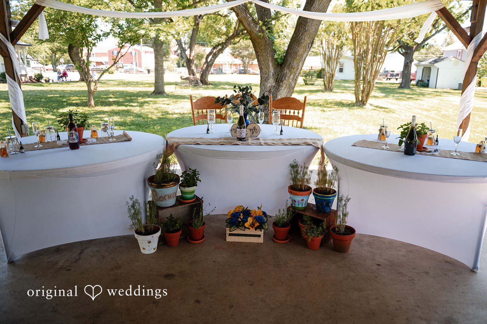 Joshua + Angela A curved wedding display setup decorated with Moroccan-style lanterns and small potted plants.