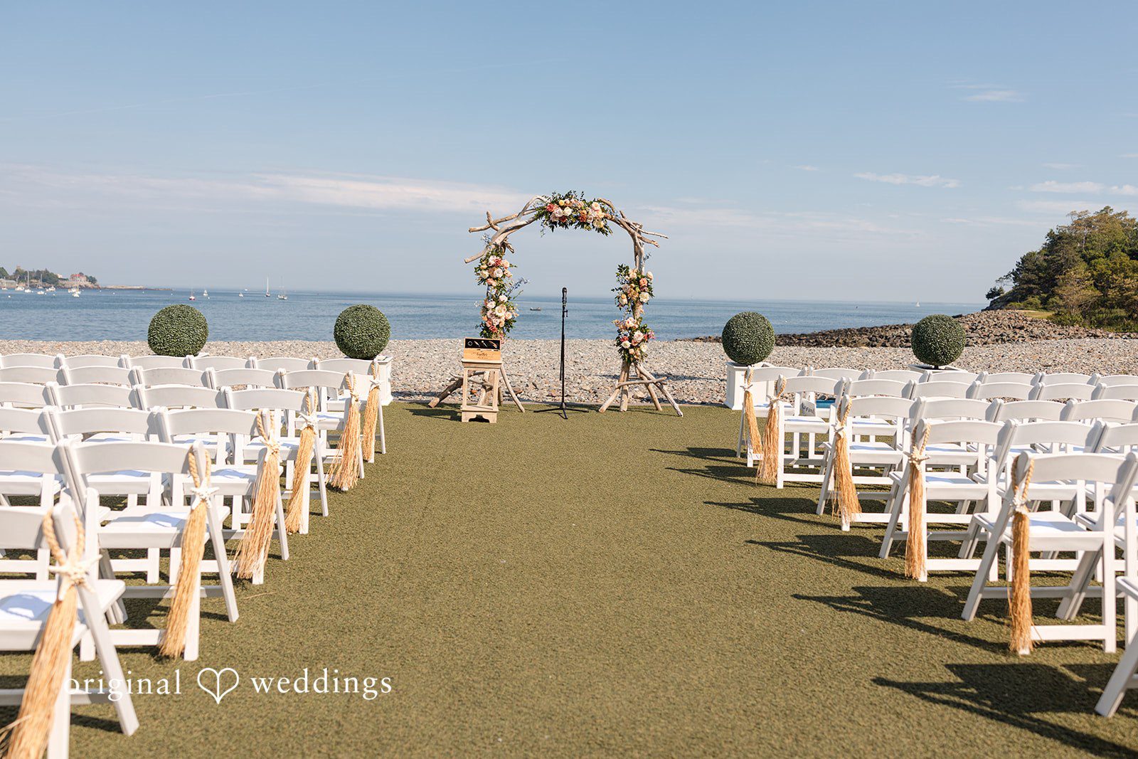 Kerri + David Elegant wedding ceremony setup at Oceanview of Nahant