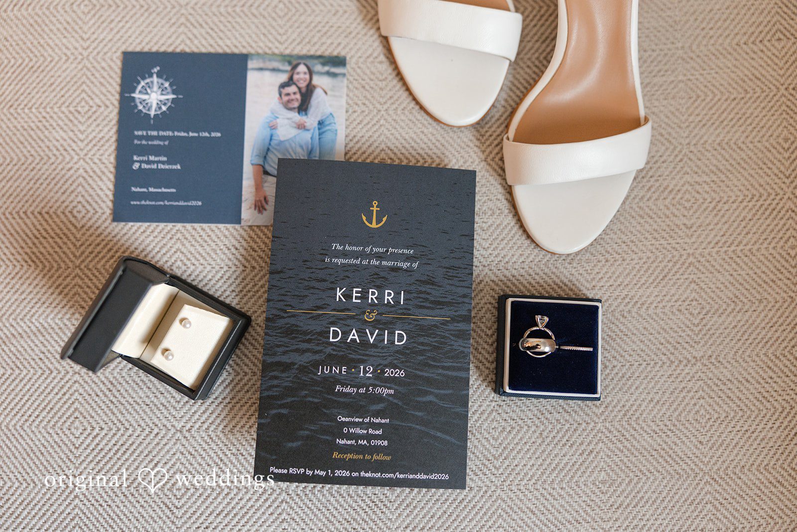 Kerri + David Romantic wedding rings displayed with pearl jewelry and bridal accessories