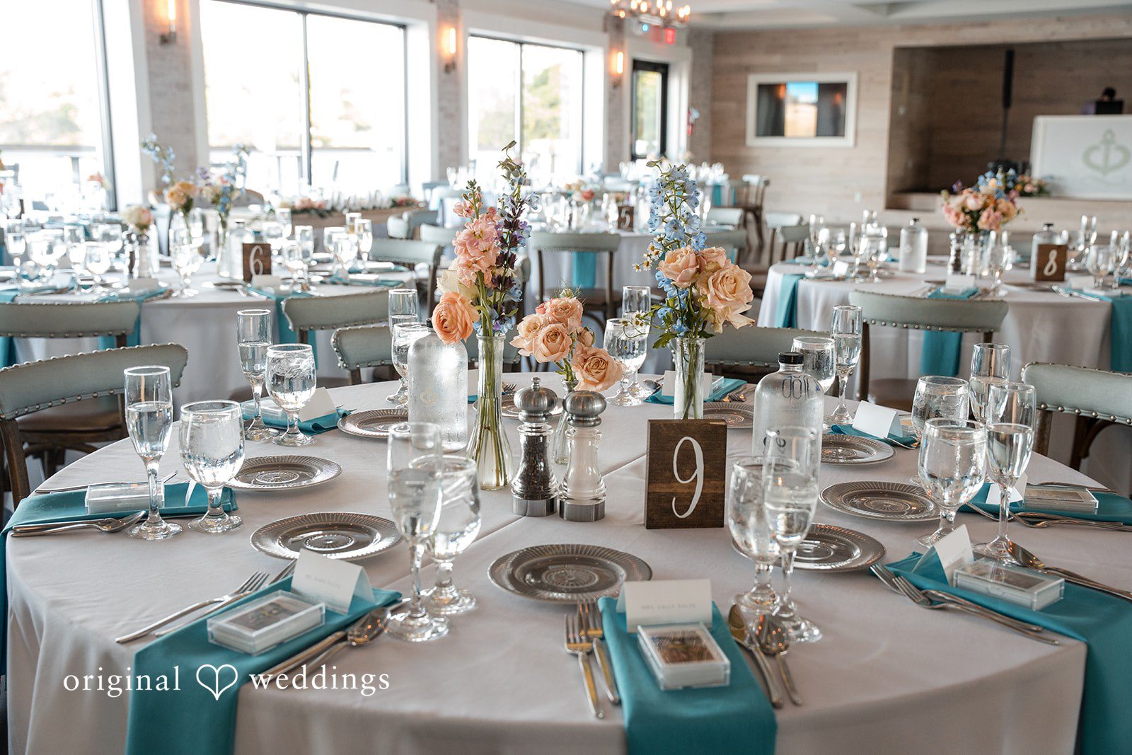 Kerri + David Elegant reception tables at Oceanview of Nahant