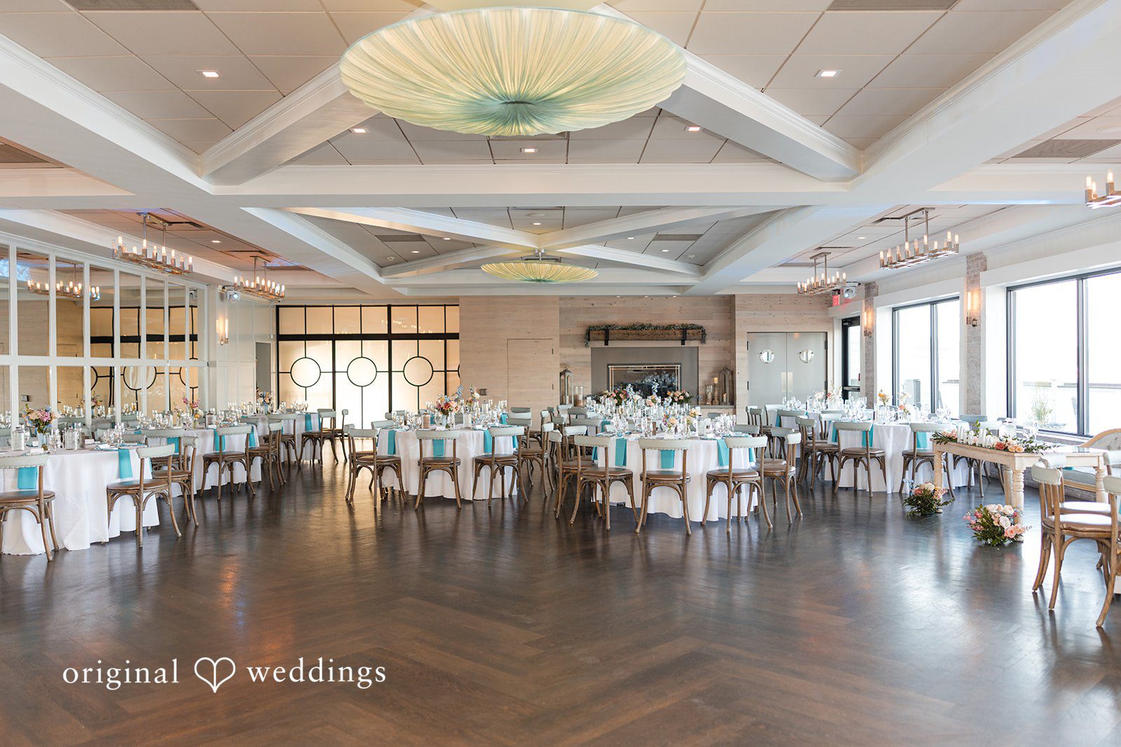 Kerri + David Rustic indoor wedding reception setup at Oceanview of Nahant