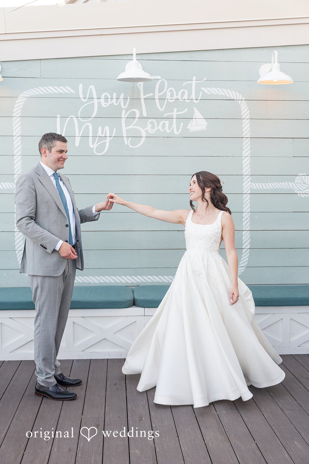 Kerri + David Bride twirling beside the groom at Oceanview of Nahant