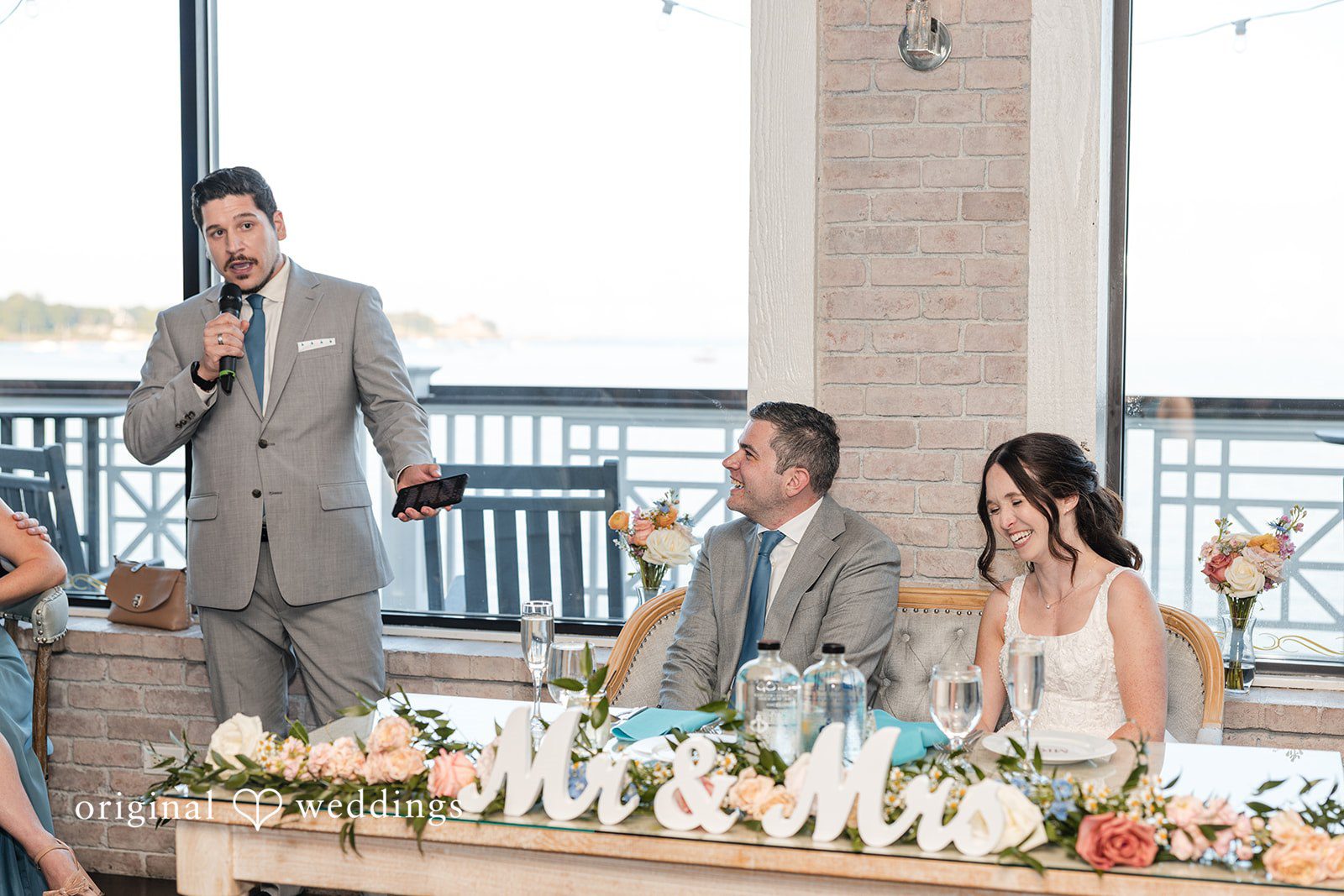Kerri + David Wedding speech during the reception at Oceanview of Nahant captured by Boston Wedding Photographers from Original Weddings.