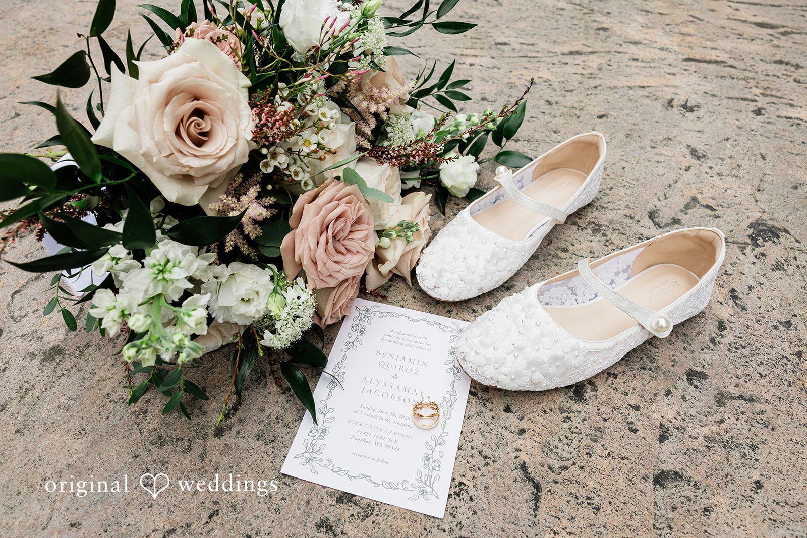 AlyssaMay + Benjamin Bridal shoes and wedding ring placed near a floral bouquet at Rock Creek Gardens