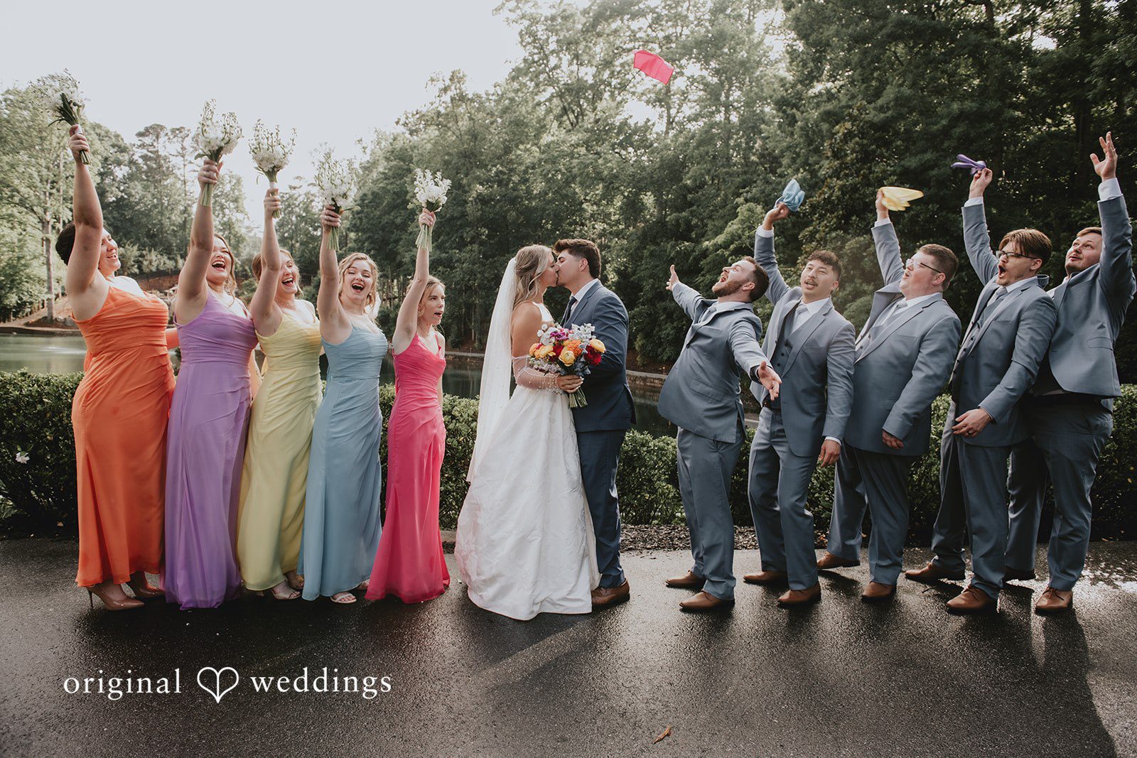 Julia + Kaleb Bride, groom, bridesmaids, and groomsmen group portrait