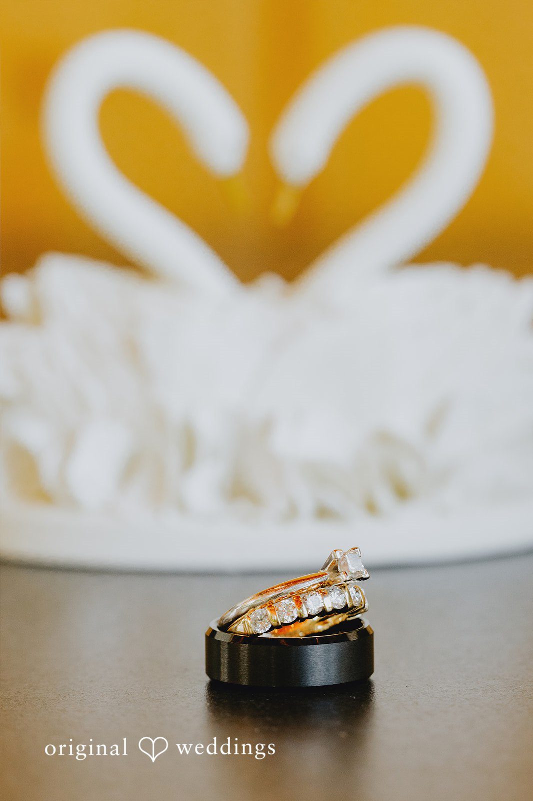 Kristina + Christopher Two wedding rings resting on a dark surface.