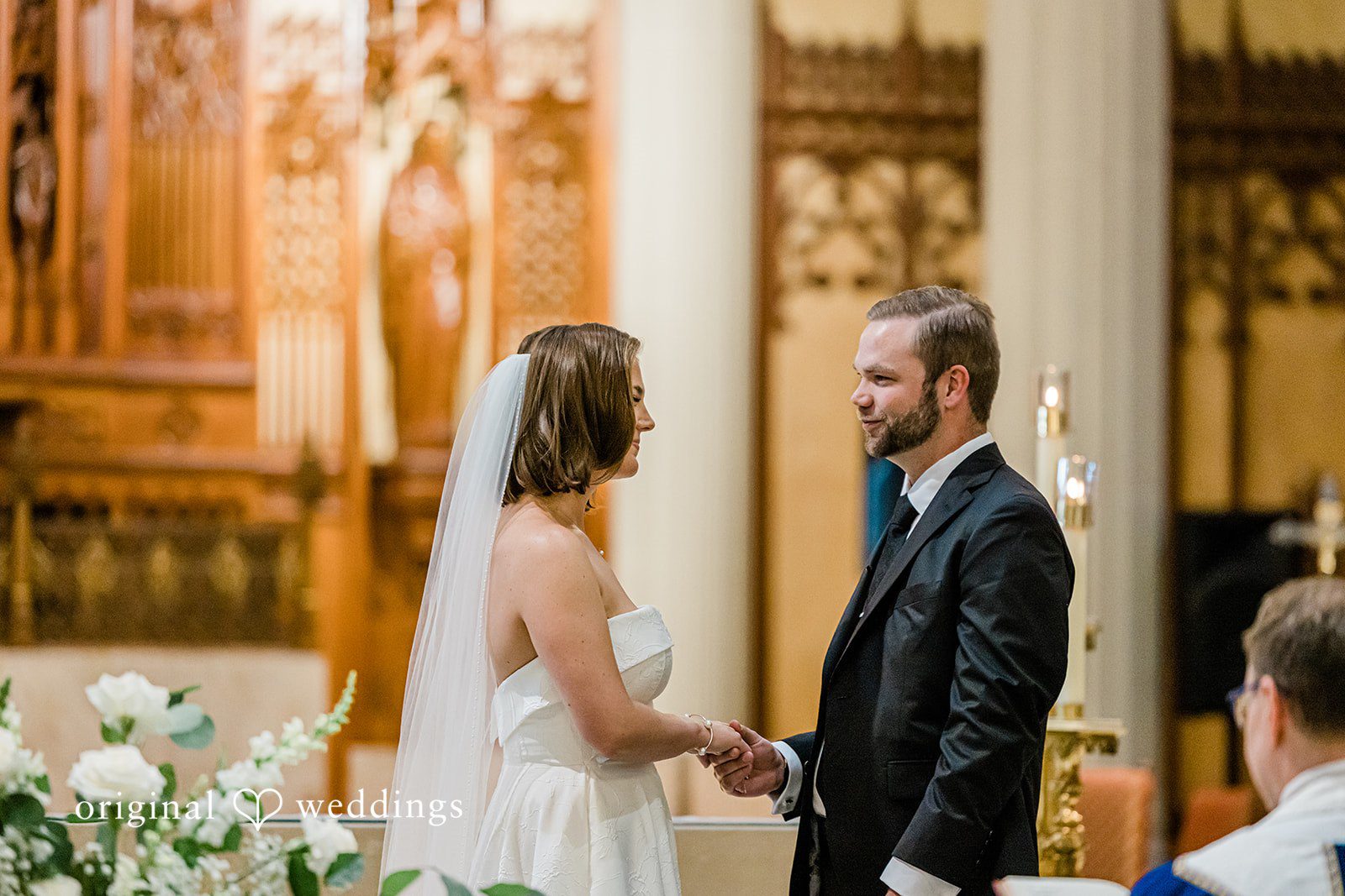 Luke + Madison Couple looking at each other with smiles at St. Clair Ballroom captured by Cleveland Wedding Photographers from Original Weddings.