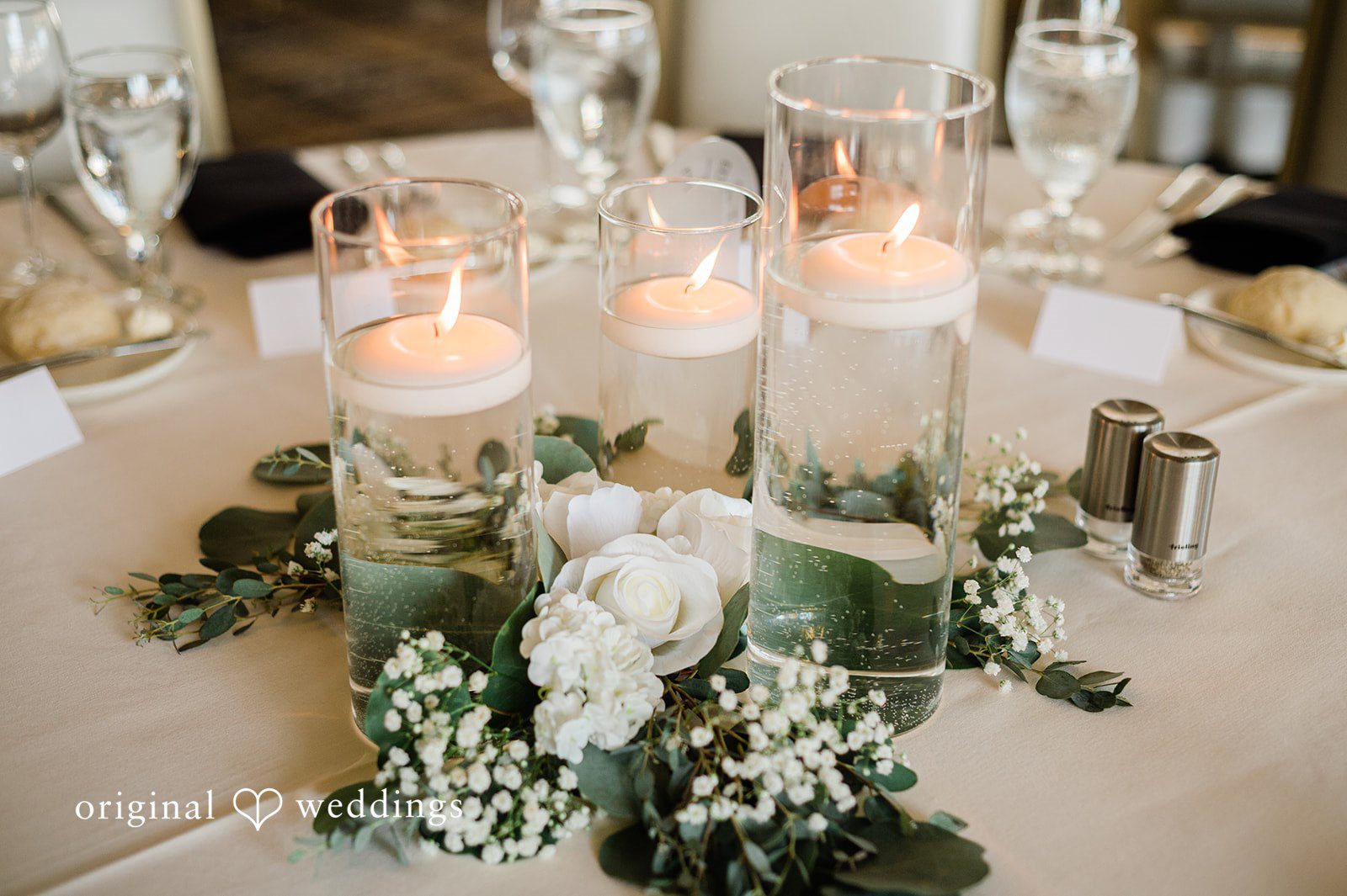 Luke + Madison Close-up of the reception table at St. Clair Ballroom captured by Cleveland Wedding Photographers from Original Weddings.