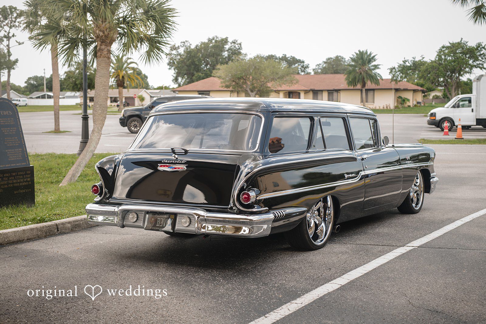 Beautiful wedding car prepared for the celebration at San Pedro Catholic Church