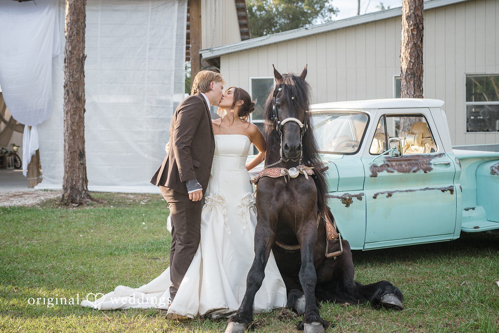 Bride and groom sharing a kiss with the horse beside them at San Pedro Catholic Church