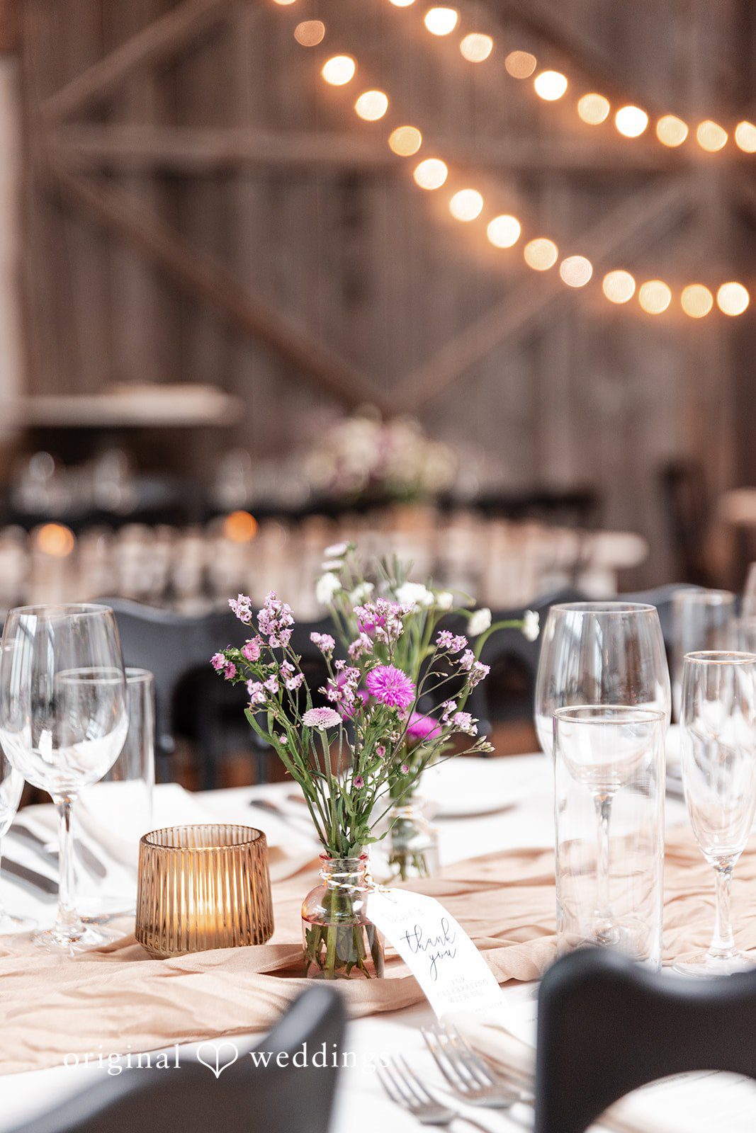 Close-up of the reception table decorated for the wedding at Terrain Garden