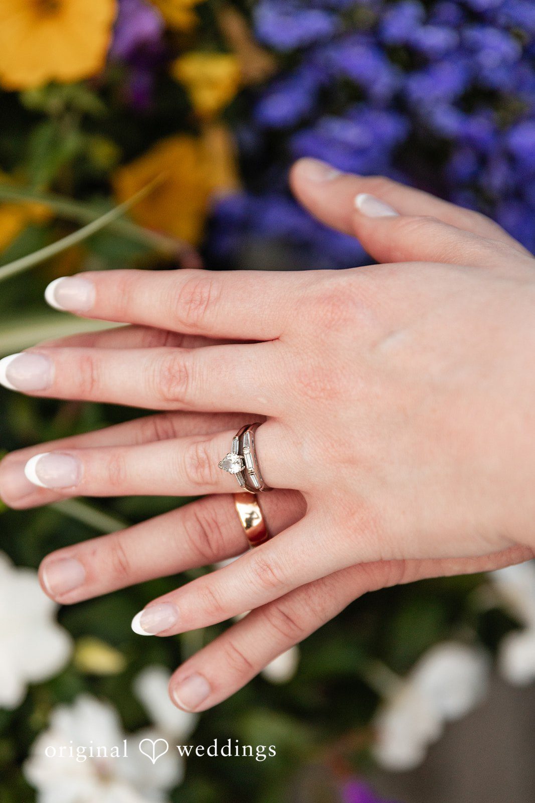 Romantic close-up of the wedding rings at Terrain Garden