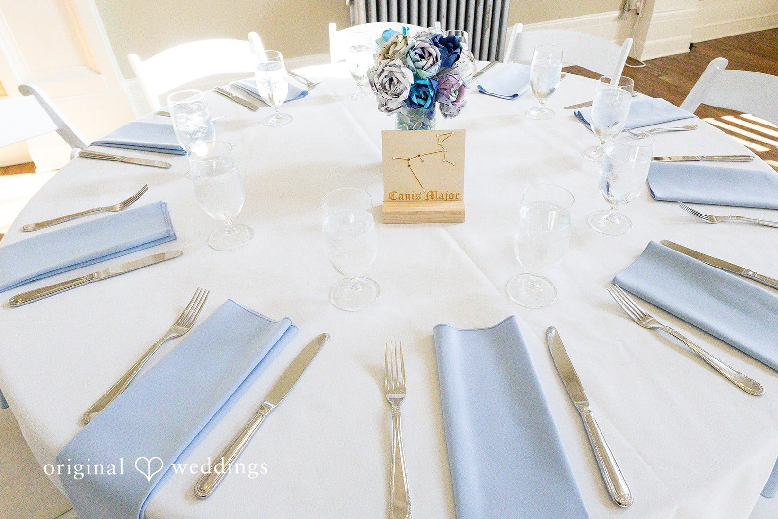Sasha + Tom Reception table close-up at The Great Hall at Green Lake