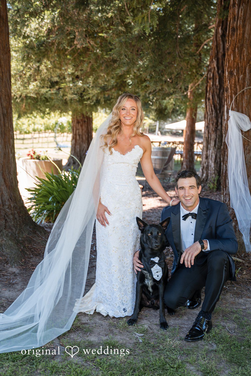 Avery + Ryan A bride and groom posing with their black dog.