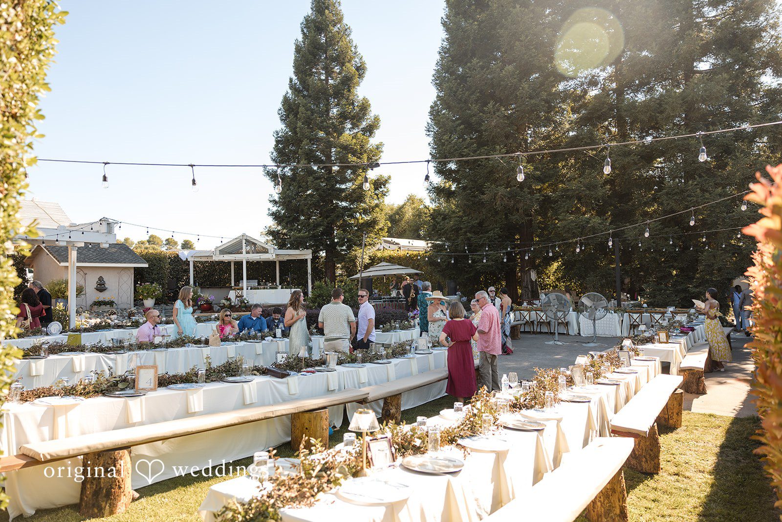Avery + Ryan Long banquette tables arranged for an event under string lights in a garden.