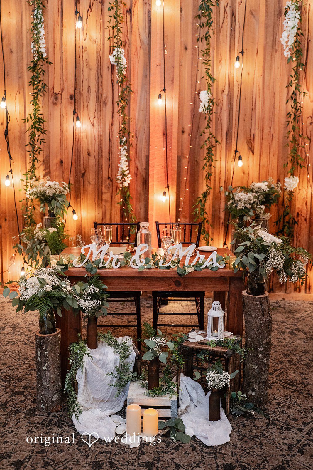 Romantic reception display featuring a beautifully styled Mr. and Mrs. table.