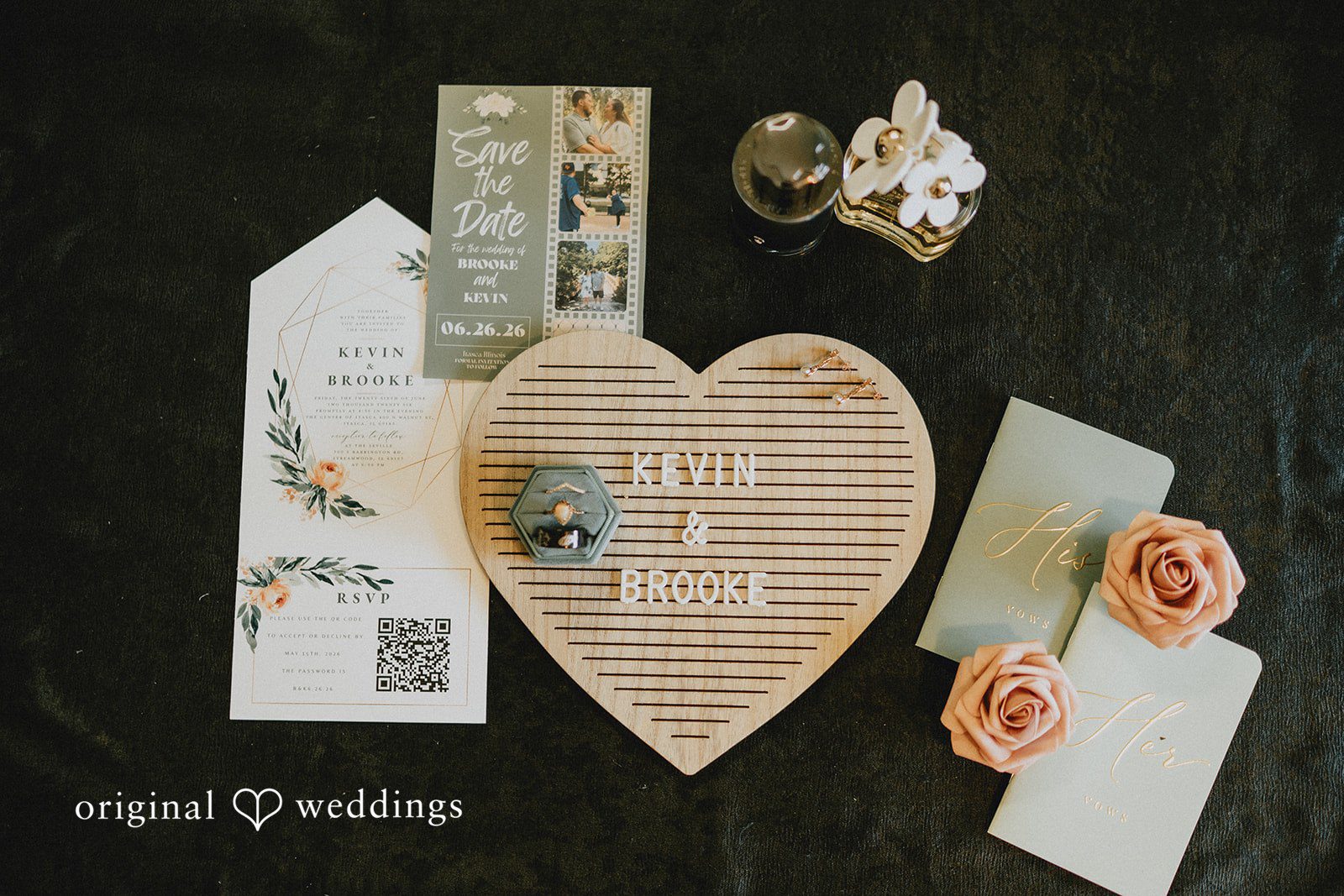 Kevin + Brooke Close up shot of wedding card and weddings rings at The Seville
