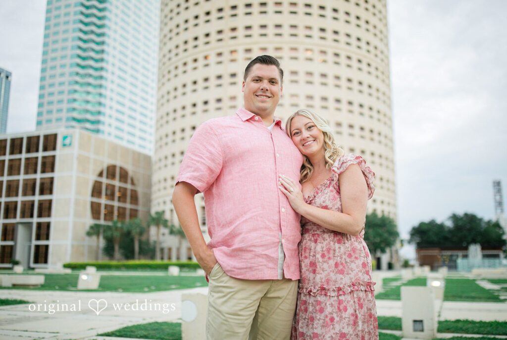 Taylor + Jack Engagement photography services by Original Weddings capturing the stunning Portrait of couple at University of Tampa area and Riverwalk