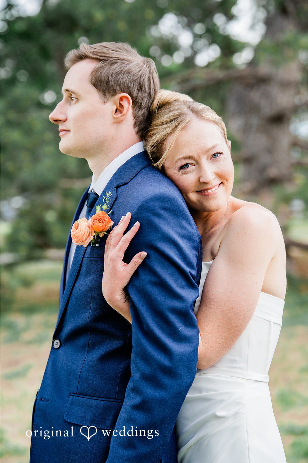 Sophia + Miles A bride leaning her head affectionately against the groom's shoulder.