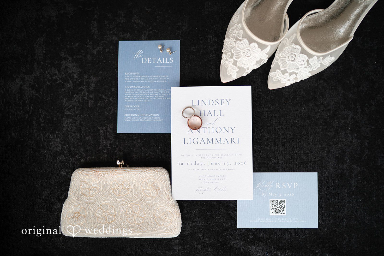 Wedding stationery and bridal accessories prepared for a White Stone Events wedding