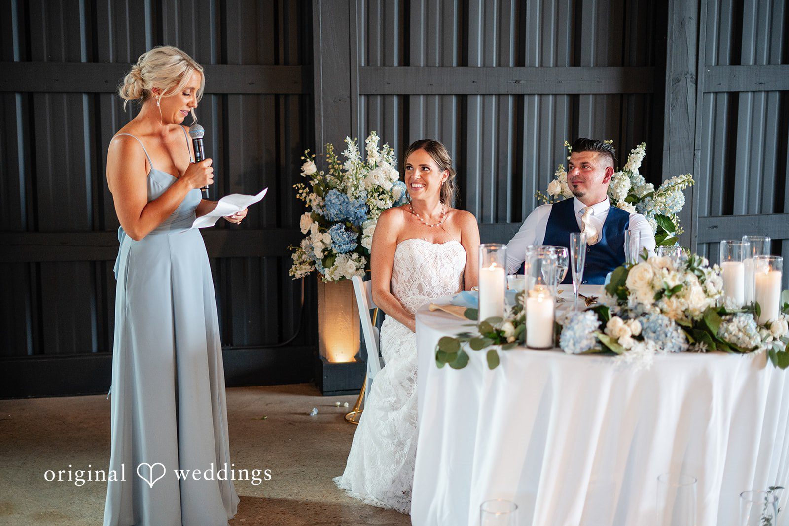 Elegant wedding reception featuring emotional speeches and floral décor