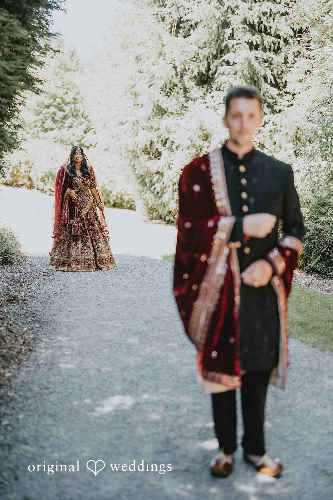 Bride approaching the groom for the first look at Willows Lodge